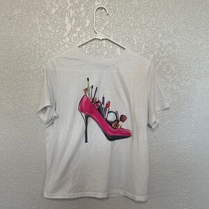 White T-Shirt with Pink Shoe and Makeup Print
